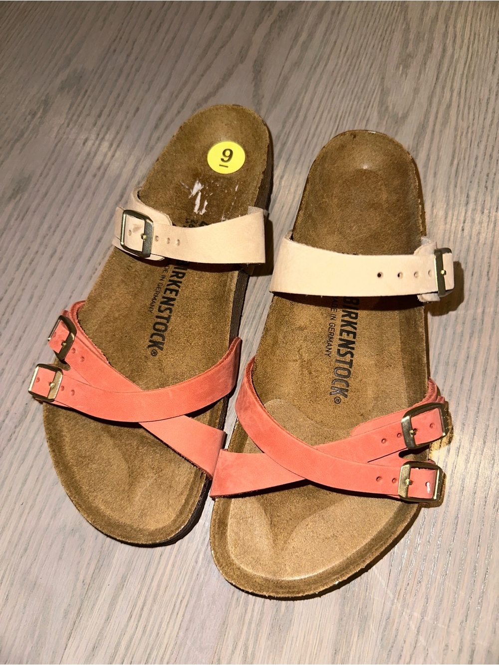 Birkenstock Pink & Cream Crisscross Slide Sandals sz 9